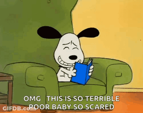 Snoopy Is Sitting In A Chair Reading A Book And Says OMG This Is So Terrible Poor Baby So Scared . GIF