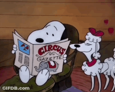 Snoopy Is Sitting In A Chair Reading A Newspaper Titled Circus Gazette GIF
