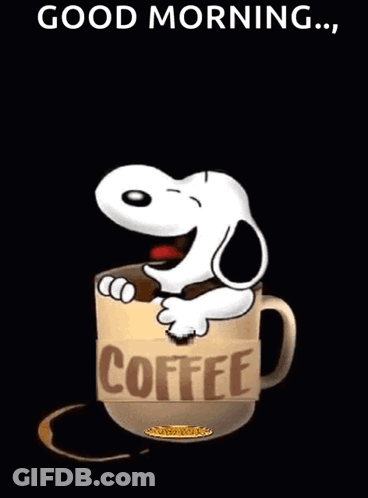 Snoopy Is Sitting In A Cup Of Coffee On A Black Background . GIF