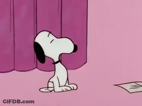 Snoopy Is Sitting In Front Of A Pink Curtain On A Pink Background . GIF