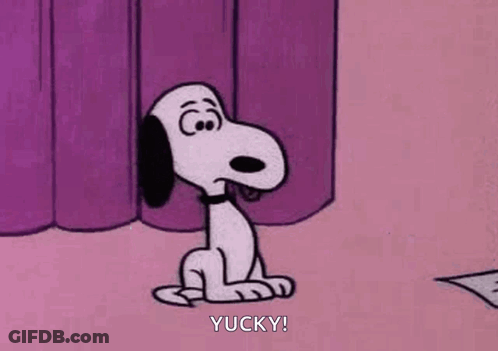 Snoopy Is Sitting In Front Of A Purple Curtain And Saying , Yucky ! GIF