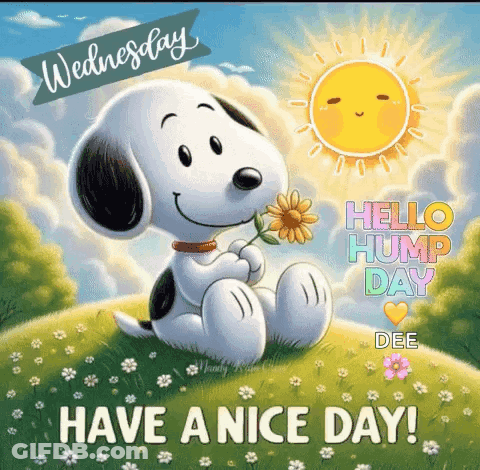 Snoopy Is Sitting In The Grass Holding A Flower And Says `` Have A Nice Day ! '' GIF