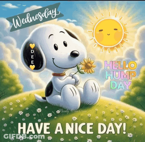 Snoopy Is Sitting On A Hill Holding A Flower And Says `` Have A Nice Day ! '' GIF