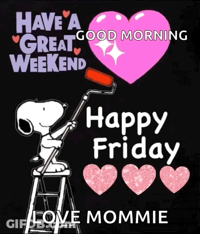 Snoopy Is Sitting On A Ladder Painting A Heart With A Roller . GIF