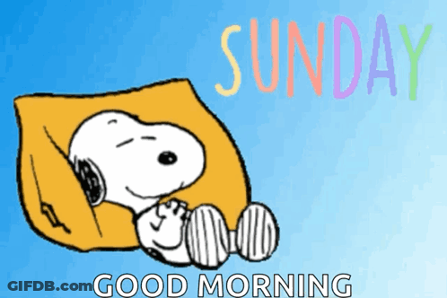 Snoopy Is Sleeping On A Pillow With The Words " Good Morning Sunday " Above Him GIF