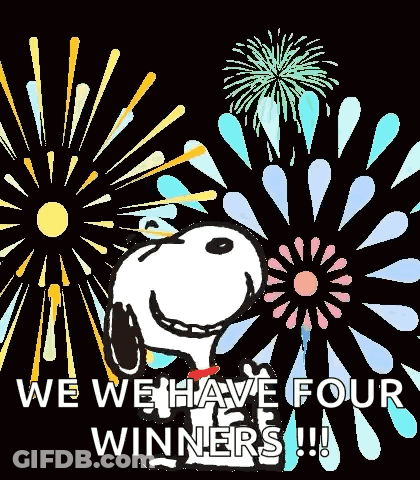 Snoopy Is Smiling In Front Of A Fireworks Display And Says We Have Four Winners . GIF