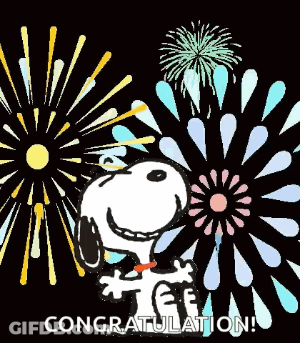 Snoopy Is Standing In Front Of A Fireworks Display And Says `` Congratulations ! '' GIF