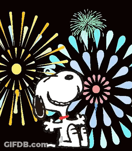 Snoopy Is Standing In Front Of A Fireworks Display With The Words `` Happy New Year '' Written On It . GIF