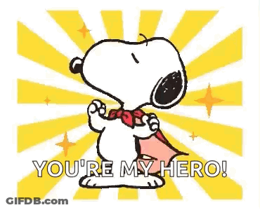 Snoopy Is Wearing A Cape And A Bow Tie And Says `` You 'Re My Hero '' . GIF