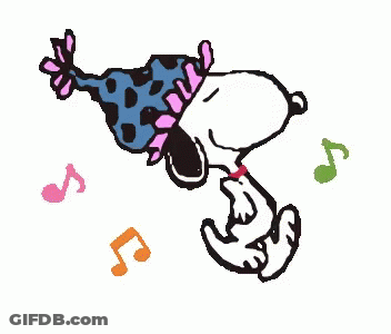 Snoopy Is Wearing A Colorful Hat And Dancing With Music Notes Around Him . GIF