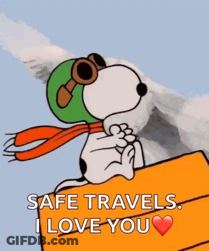 Snoopy Is Wearing A Helmet And Goggles While Sitting On A Box And Saying Safe Travels . GIF