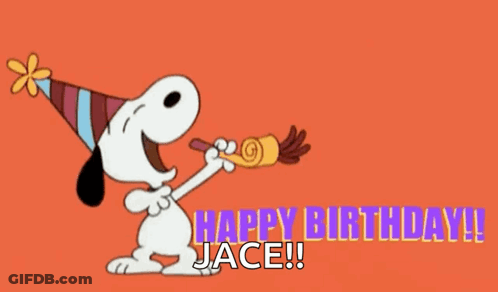 Snoopy Is Wearing A Party Hat And Blowing A Horn With The Words `` Happy Birthday Jace ! '' GIF