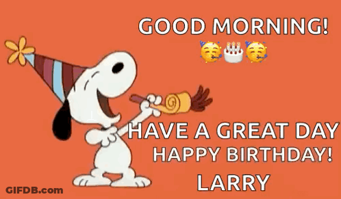 Snoopy Is Wearing A Party Hat And Blowing A Party Horn And Wishing Larry A Happy Birthday . GIF