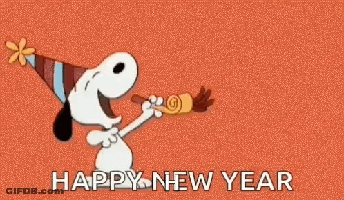 Snoopy Is Wearing A Party Hat And Blowing A Party Horn To Wish A Happy New Year . GIF