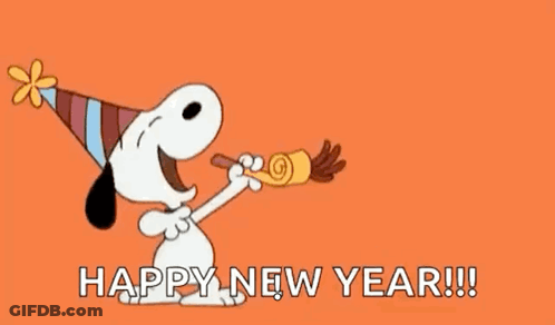 Snoopy Is Wearing A Party Hat And Blowing A Party Horn To Wish A Happy New Year . GIF