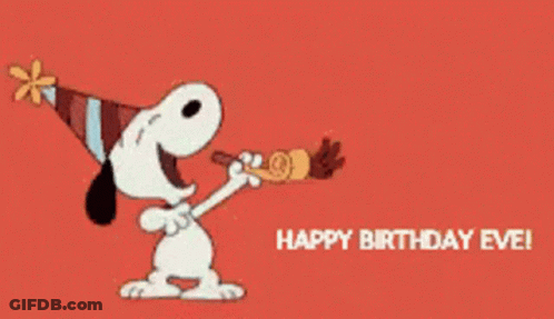 Snoopy Is Wearing A Party Hat And Blowing A Party Horn While Celebrating His Birthday . GIF