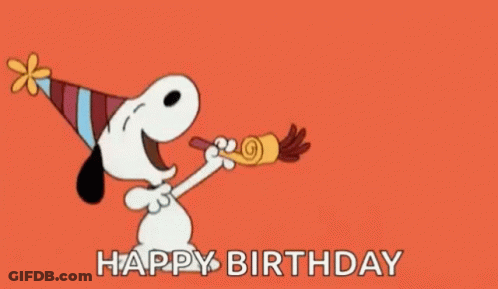 Snoopy Is Wearing A Party Hat And Blowing A Party Horn While Saying Happy Birthday . GIF
