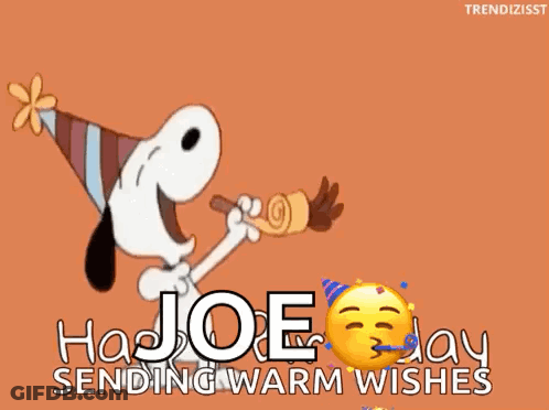 Snoopy Is Wearing A Party Hat And Blowing A Party Horn While Sending Warm Wishes . GIF