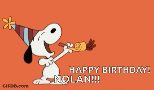 Snoopy Is Wearing A Party Hat And Blowing A Party Horn With The Words `` Happy Birthday Nolan ! '' GIF