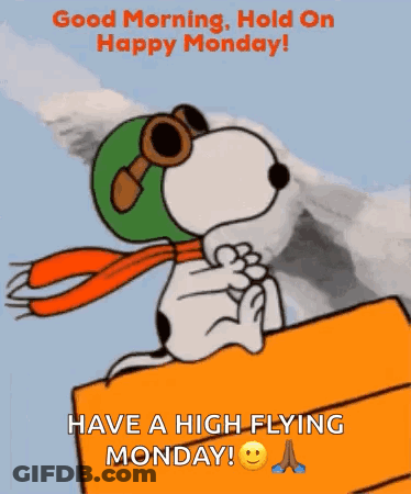 Snoopy Is Wearing A Pilot 'S Helmet And Goggles While Sitting On A Box And Wishing A Happy Monday GIF