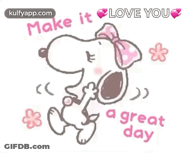 Snoopy Is Wearing A Pink Bow And Flowers And Saying `` Make It Love You '' . GIF
