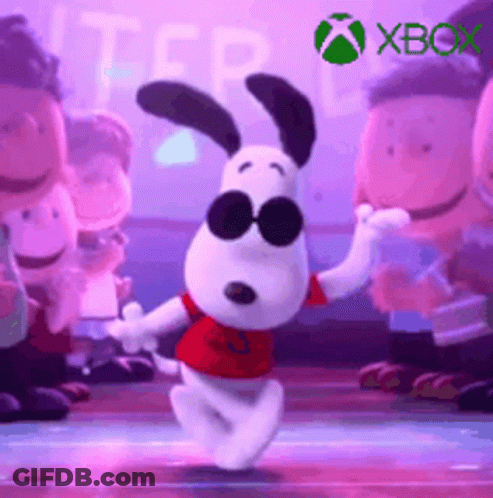 Snoopy Is Wearing Sunglasses And A Red Shirt And Is Dancing In Front Of A Group Of Peanuts Characters . GIF