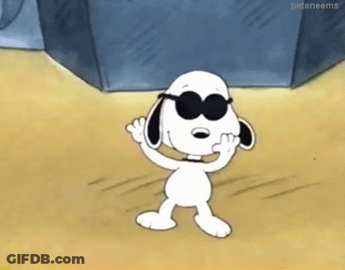 Snoopy Is Wearing Sunglasses And Waving While Standing On A Sandy Beach . GIF