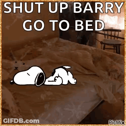 Snoopy Laying On Bed Saying Shut Up Barry GIF