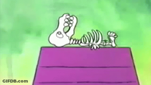 Snoopy Laying On Purple Box With Skeleton GIF