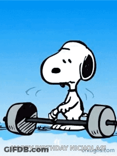 Snoopy Lifting Barbell Happy Birthday Nicholas GIF