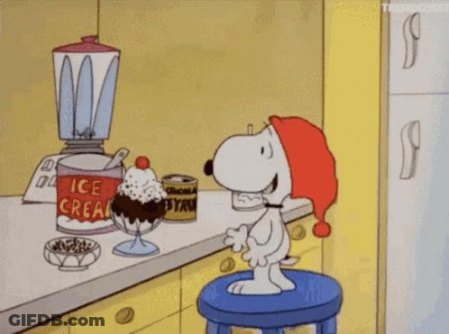 Snoopy Making Ice Cream With Syrup Can GIF