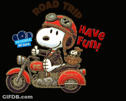 Snoopy On A Motorcycle With The Words Road Trip Have Fun GIF