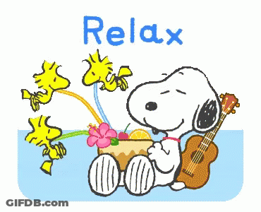Snoopy Playing Ukulele With Woodstock Saying Relax GIF