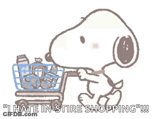 Snoopy Pushing Shopping Cart Saying I Hate In-Store Shopping GIF