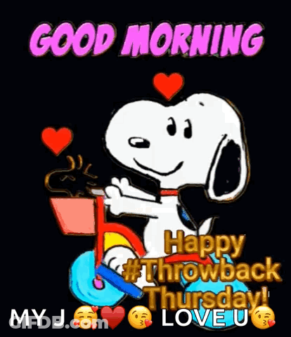 Snoopy Riding Bike With Basket Of Coffee And Hearts GIF