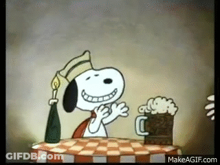 Snoopy Sitting At Table With Beer And Bottle GIF