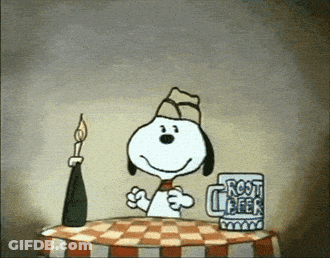 Snoopy Sitting At Table With Root Beer Mug GIF