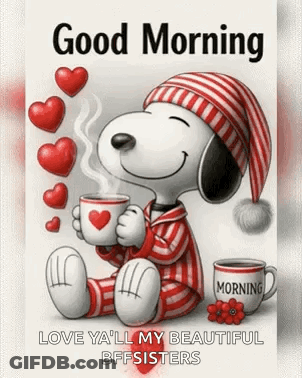 Snoopy Sitting Holding Cup Of Coffee GIF