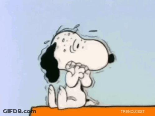 Snoopy Sitting On Ledge Hands In Mouth Sweating GIF