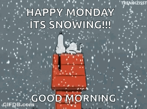 Snoopy Sitting On Roof In Snow Saying Happy Monday GIF