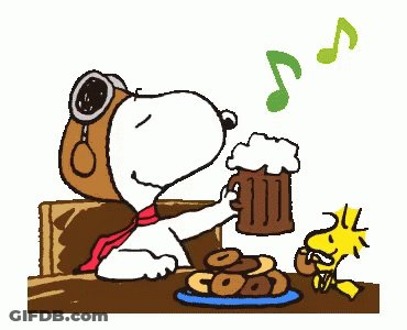 Snoopy Sitting With Beer And Woodstock Eating Donuts GIF