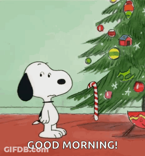 Snoopy Standing In Front Of Christmas Tree With Candy Cane Saying Good Morning GIF