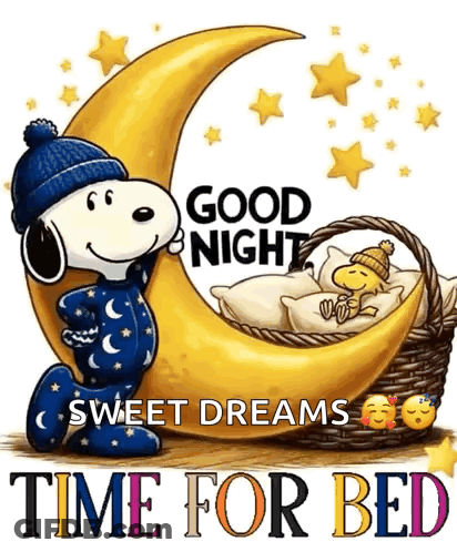 Snoopy Standing Next To Crescent Moon And Basket With Sleeping Woodstock GIF
