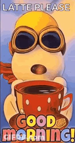 Snoopy Wearing Goggles Holding Coffee Latte Please Good Morning GIF