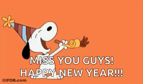 Snoopy Wearing Party Hat Blowing Horn Saying Miss You Guys Happy New Year GIF
