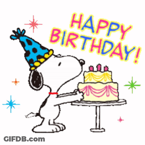 Snoopy With Party Hat Holding Birthday Cake GIF