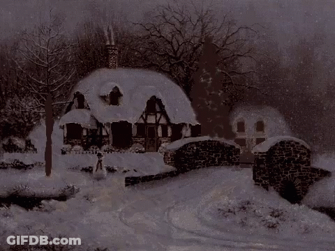 Snow Covered House With Christmas Lights GIF