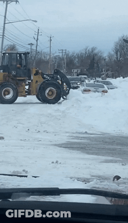 Snow Storm Aftermath Machineries Plowing Cars GIF