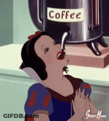 Snow White Is Drinking Coffee From A Coffee Dispenser . GIF