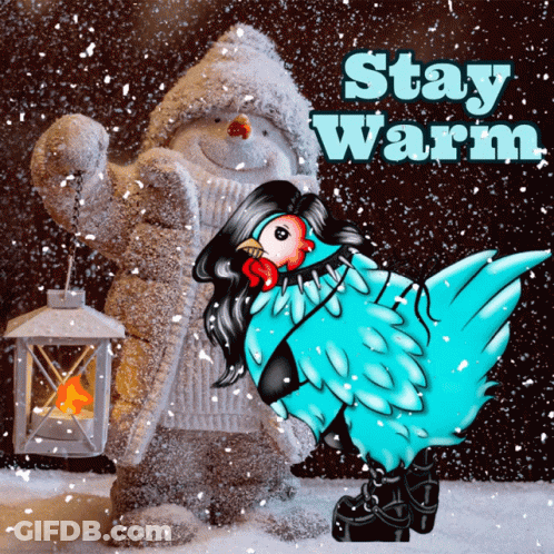 Snowman And Chicken Stay Warm GIF